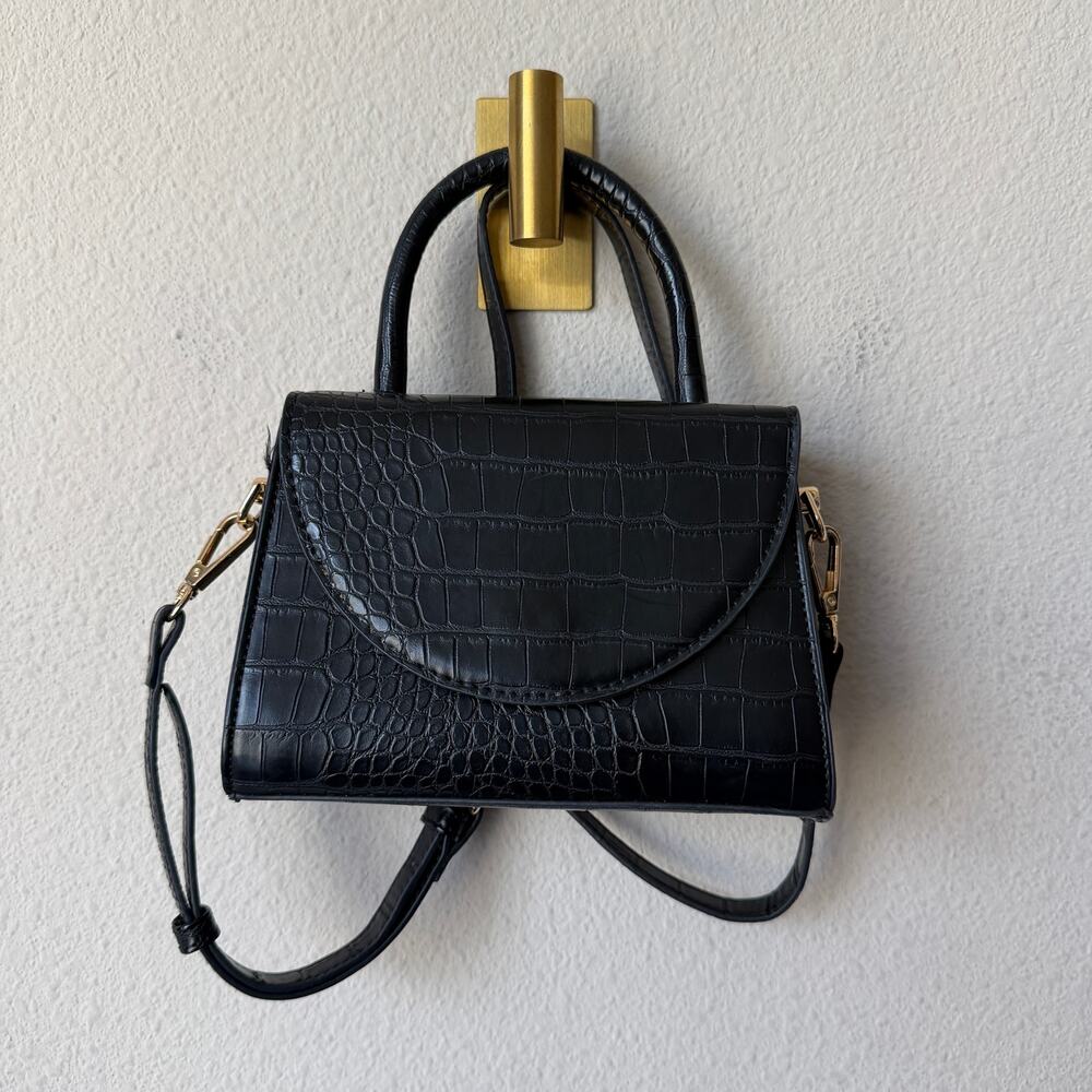 OLGA BERG Nadia Black Croc Embossed Top Handle Bag